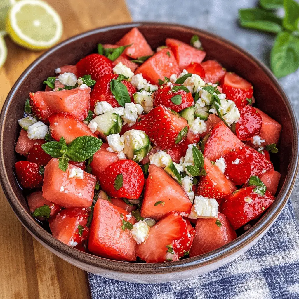 Brighten up your summer meals with this vibrant Watermelon Strawberry Salad! Bursting with juicy watermelon, sweet strawberries, and a hint of mint, it's not just refreshing but packed with nutrients. Perfect for barbecues, picnics, or a light lunch, this salad will be your go-to all season long. Save this recipe for a delicious treat that captures the essence of summer!