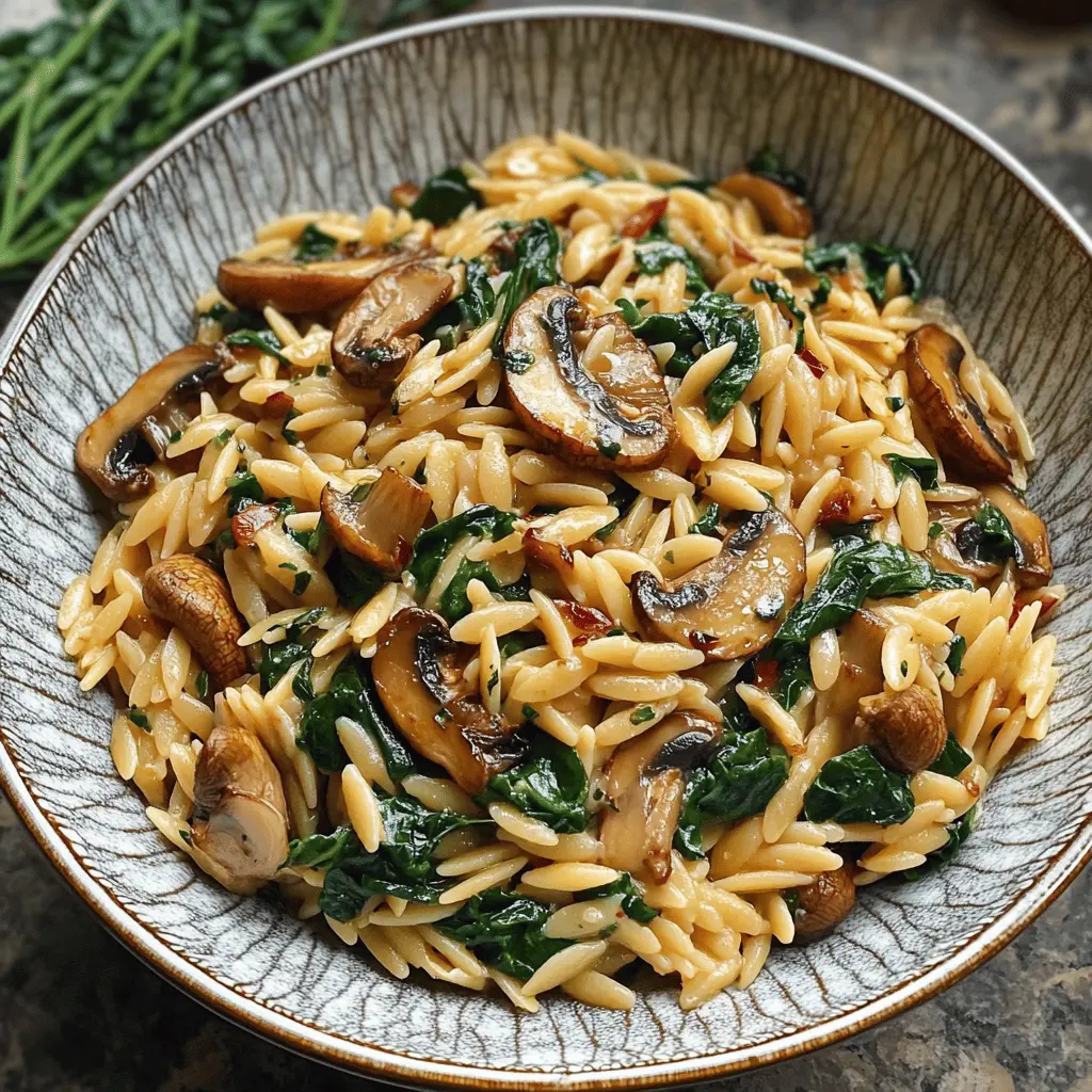 Looking for a comforting dish that’s packed with flavor? This Spinach Mushroom Orzo combines tender orzo with earthy mushrooms and fresh spinach, creating a creamy, satisfying meal. Perfect for weeknight dinners or special gatherings! Save this recipe to enjoy a delicious bowl of goodness anytime.