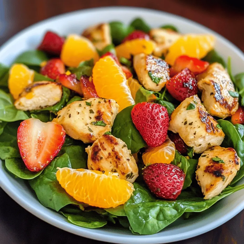 Brighten up your day with this delightful Strawberry Orange Spinach Salad with Chicken! Bursting with fresh strawberries, zesty oranges, and tender chicken, this salad is perfect for a light lunch or a refreshing dinner. Packed with nutrients and vibrant flavors, it's a crowd-pleaser for any occasion. Save this recipe now for your next warm-weather gathering!