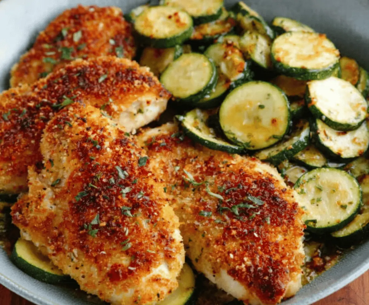 Crispy Parmesan Garlic Chicken With Zucchini Skillet
