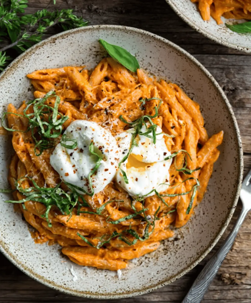 Creamy Red Pepper Pasta With Burrata and Fresh Herbs