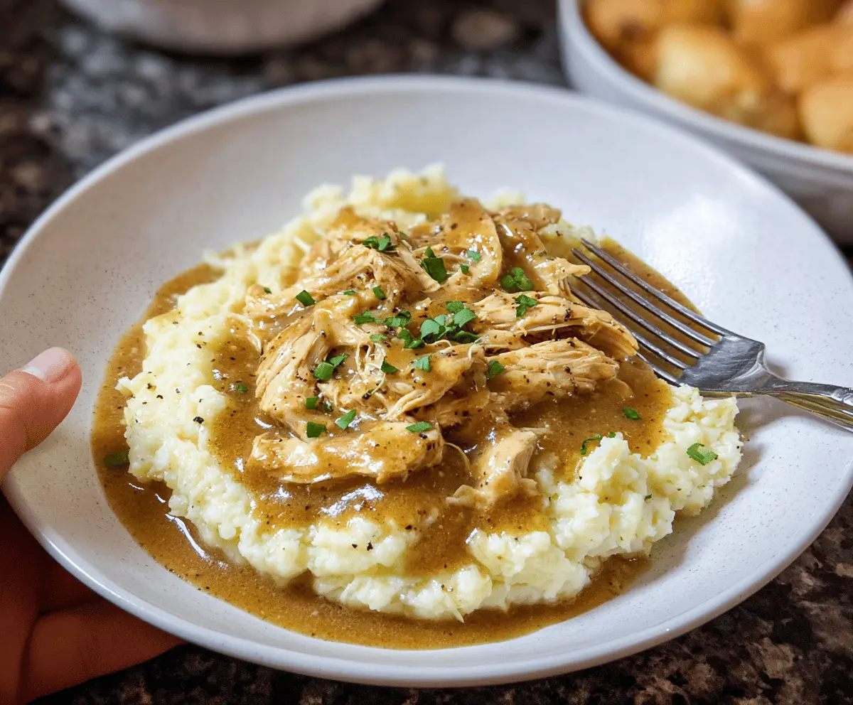 Creamy Shredded Chicken Gravy Over Mashed Potatoes