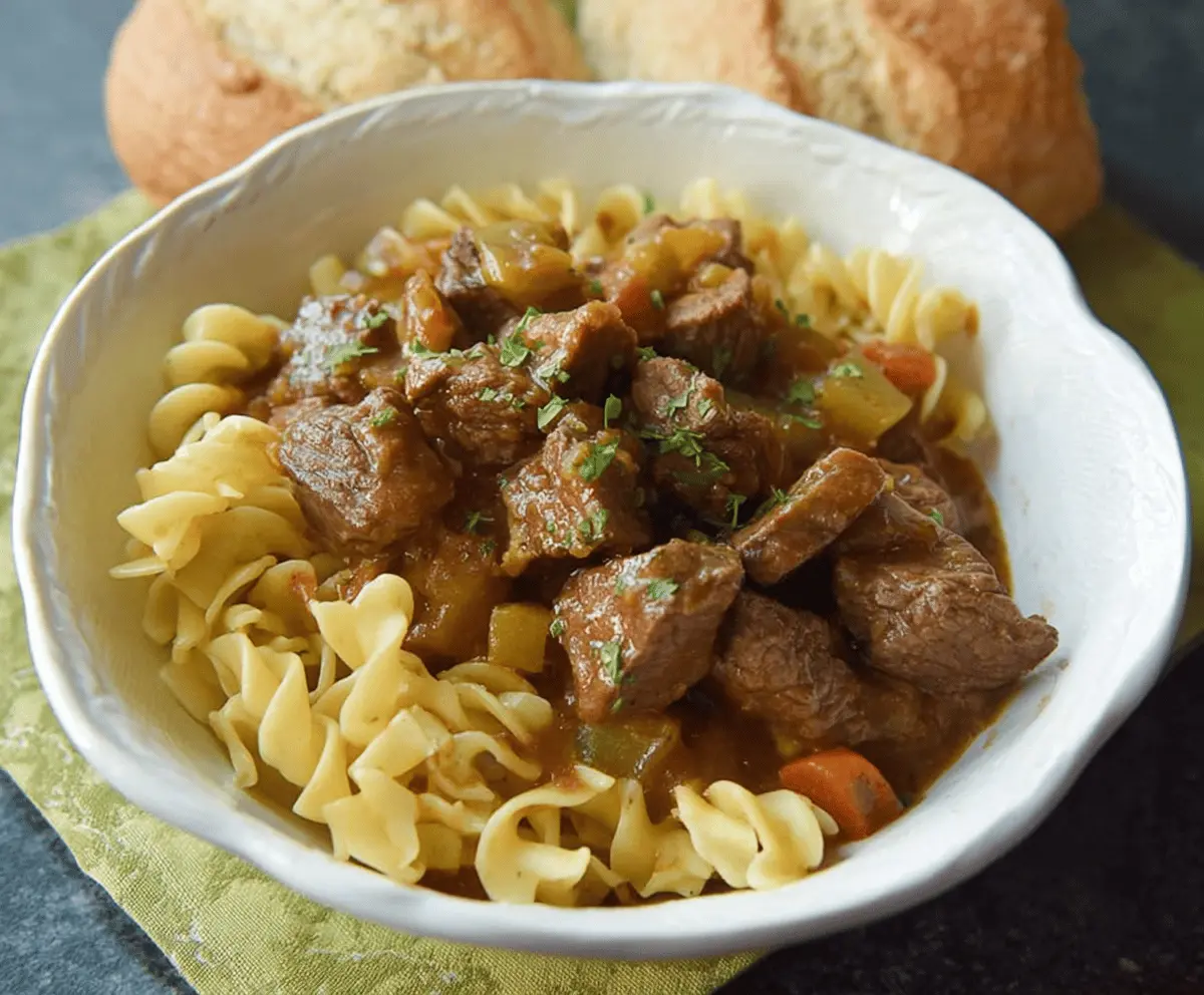 Easy Crockpot Beef Tips and Noodles Recipe