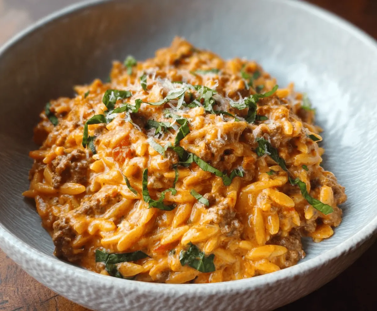 Easy Ground Beef Orzo in Creamy Tomato Sauce
