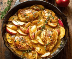 Delicious apple chicken skillet with tender chicken breasts, fresh sliced apples, and herbs, cooked to perfection in a skillet