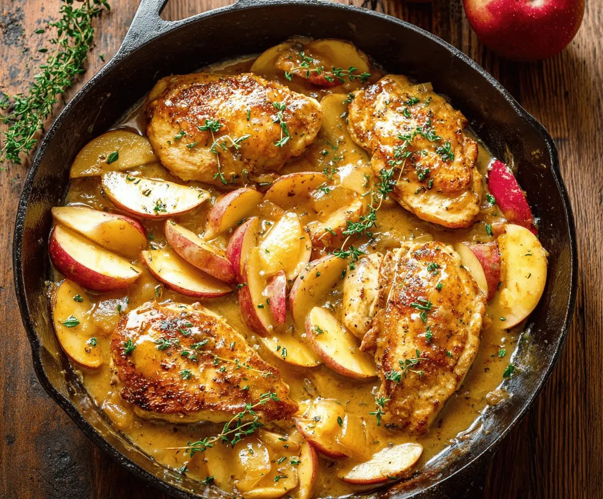 Delicious apple chicken skillet with tender chicken breasts, fresh sliced apples, and herbs, cooked to perfection in a skillet
