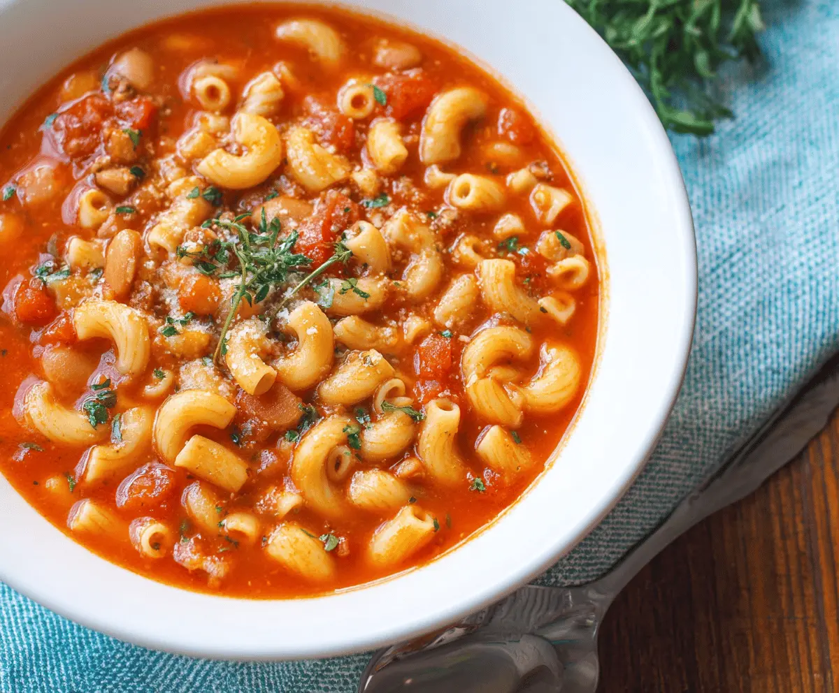 A bowl of authentic Italian Pasta Fagioli soup featuring pasta, beans, fresh herbs, and vegetables garnished with Parmesan cheese.