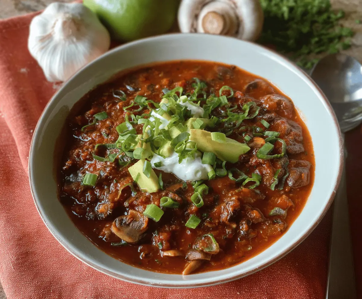 Hearty beanless mushroom chili in a bowl topped with fresh herbs and sour cream, served with tortilla chips on the side.