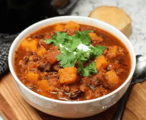 Hearty bowl of butternut squash chili topped with fresh herbs and served in a rustic bowl, perfect for a cozy meal
