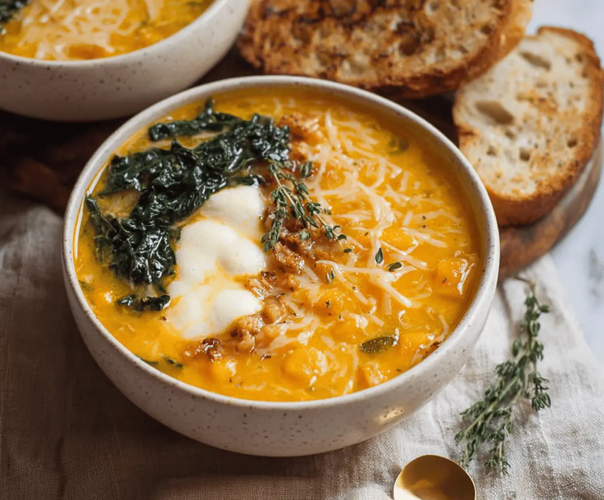 A bowl of Butternut Squash Lasagna Soup topped with fresh kale and melted mozzarella cheese, served with bread on the side.
