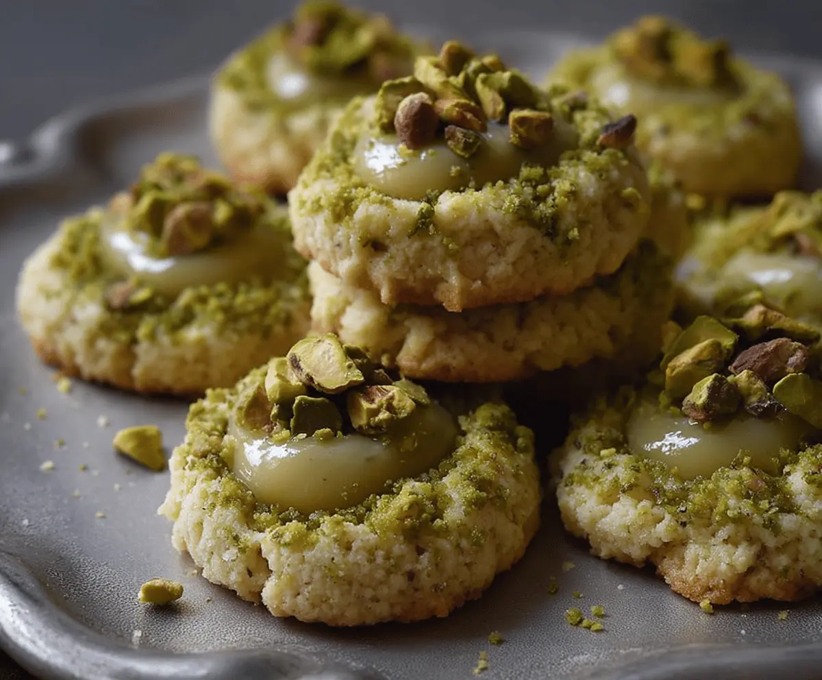 Delicious buttery pistachio thumbprint cookies topped with vibrant pistachios and a sweet filling on a white plate