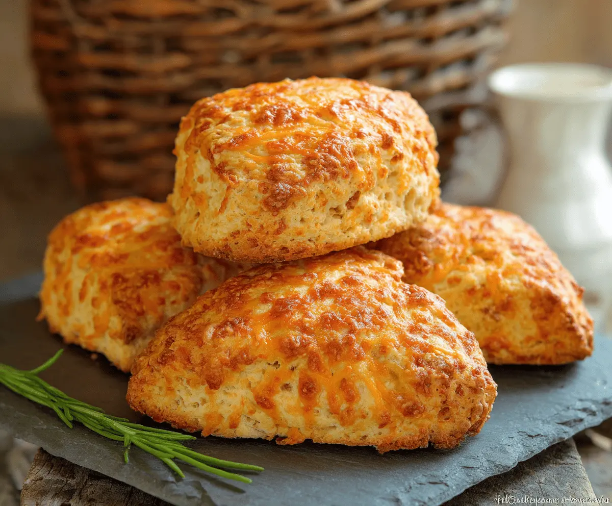 Golden cheese scones fresh out of the oven, showcasing a crispy crust and gooey cheese inside, perfect for breakfast or afternoon tea.