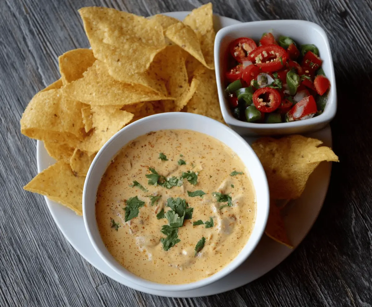 Creamy, spicy chili con queso dip served in a bowl with tortilla chips for a perfect appetizer or snack.