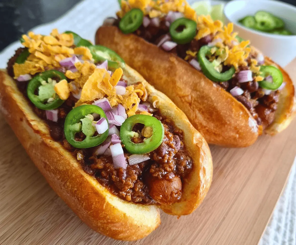 Spicy chipotle chili dogs topped with melted cheese and diced onions on a soft bun, served as a flavorful chili dog recipe