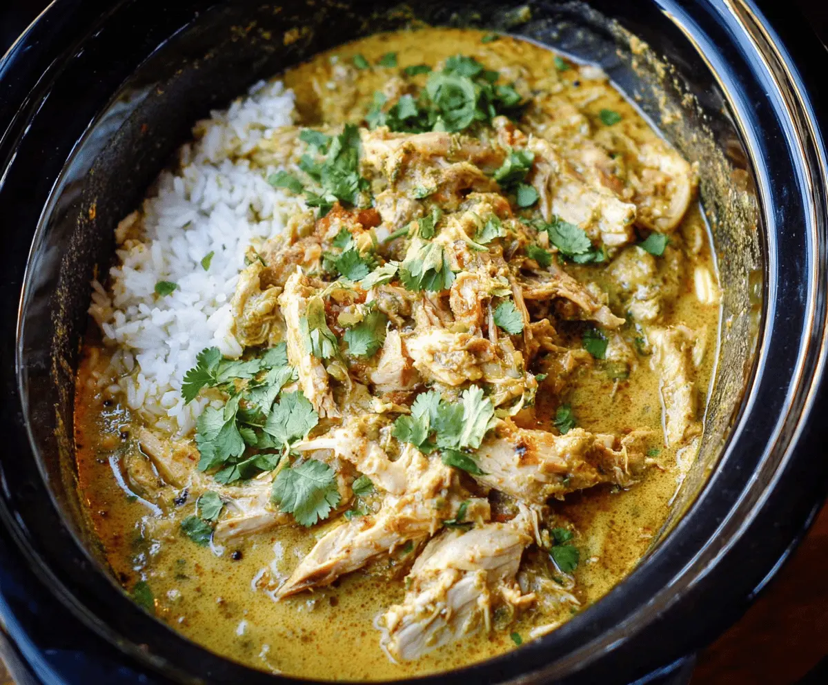 Creamy coconut curry chicken cooked in a slow cooker, featuring tender chicken pieces, vibrant spices, and coconut milk, served in a bowl with rice and garnished with fresh herbs.