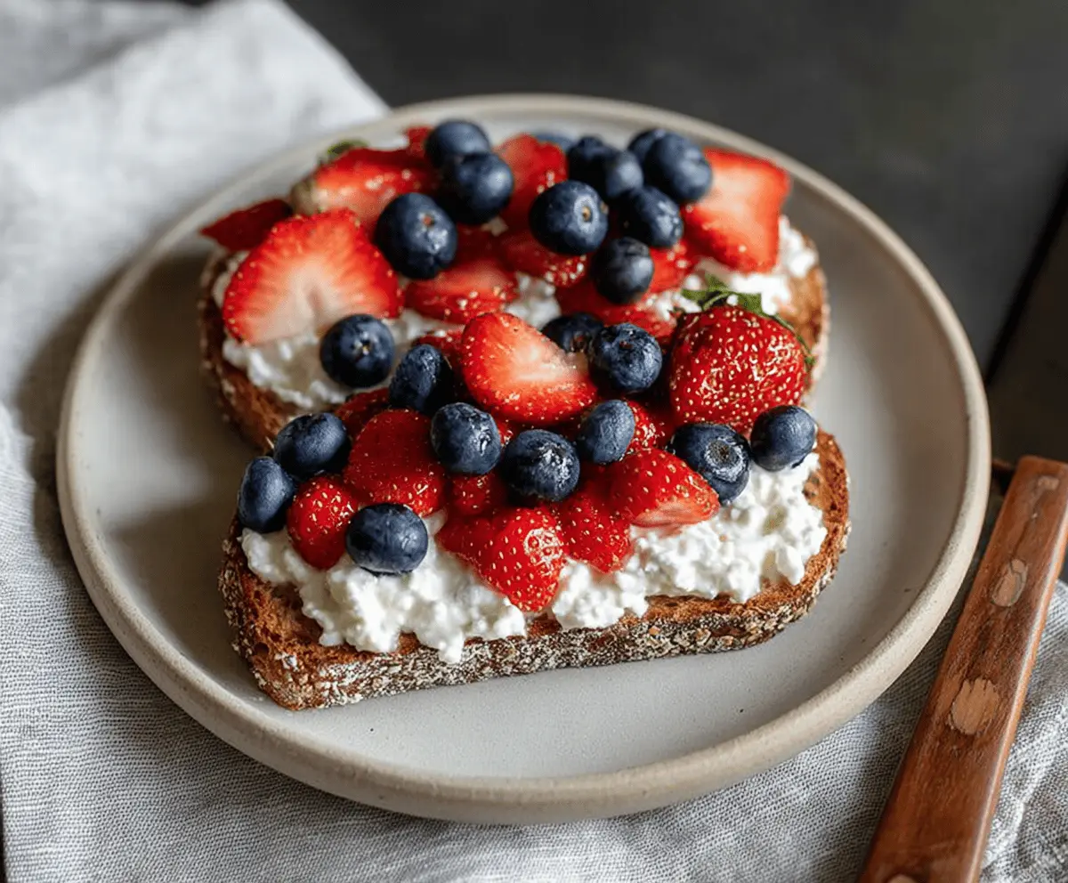 Delicious cottage cheese toast topped with fresh berries and served with a glass of kefir on a plate, healthy breakfast idea