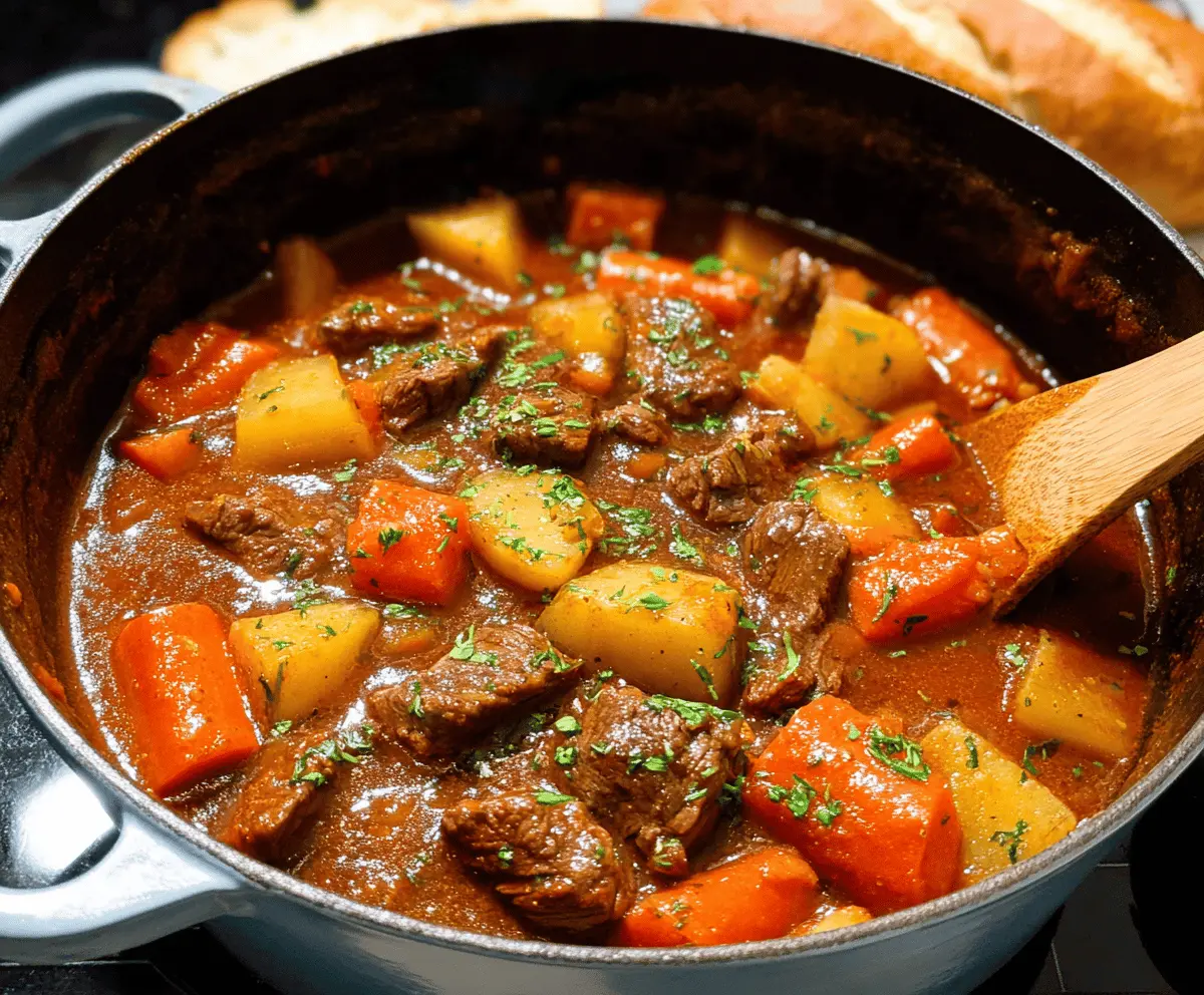 A steaming bowl of hearty stove top beef stew with tender beef chunks, carrots, potatoes, and peas served in a rustic bowl, perfect for a cozy meal.
