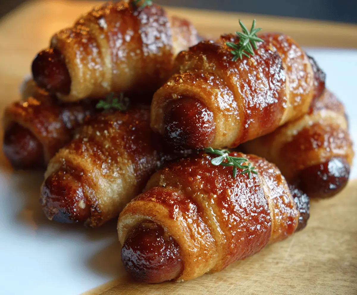 Golden, crispy pigs in a blanket wrapped in flaky pastry, served with dipping sauces for a delicious appetizer or snack.