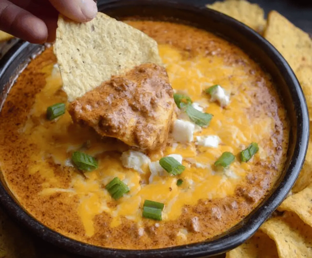 Creamy Crock Pot Chili Cheese Dip topped with melted cheese and fresh cilantro, served in a bowl with tortilla chips for a delicious appetizer.