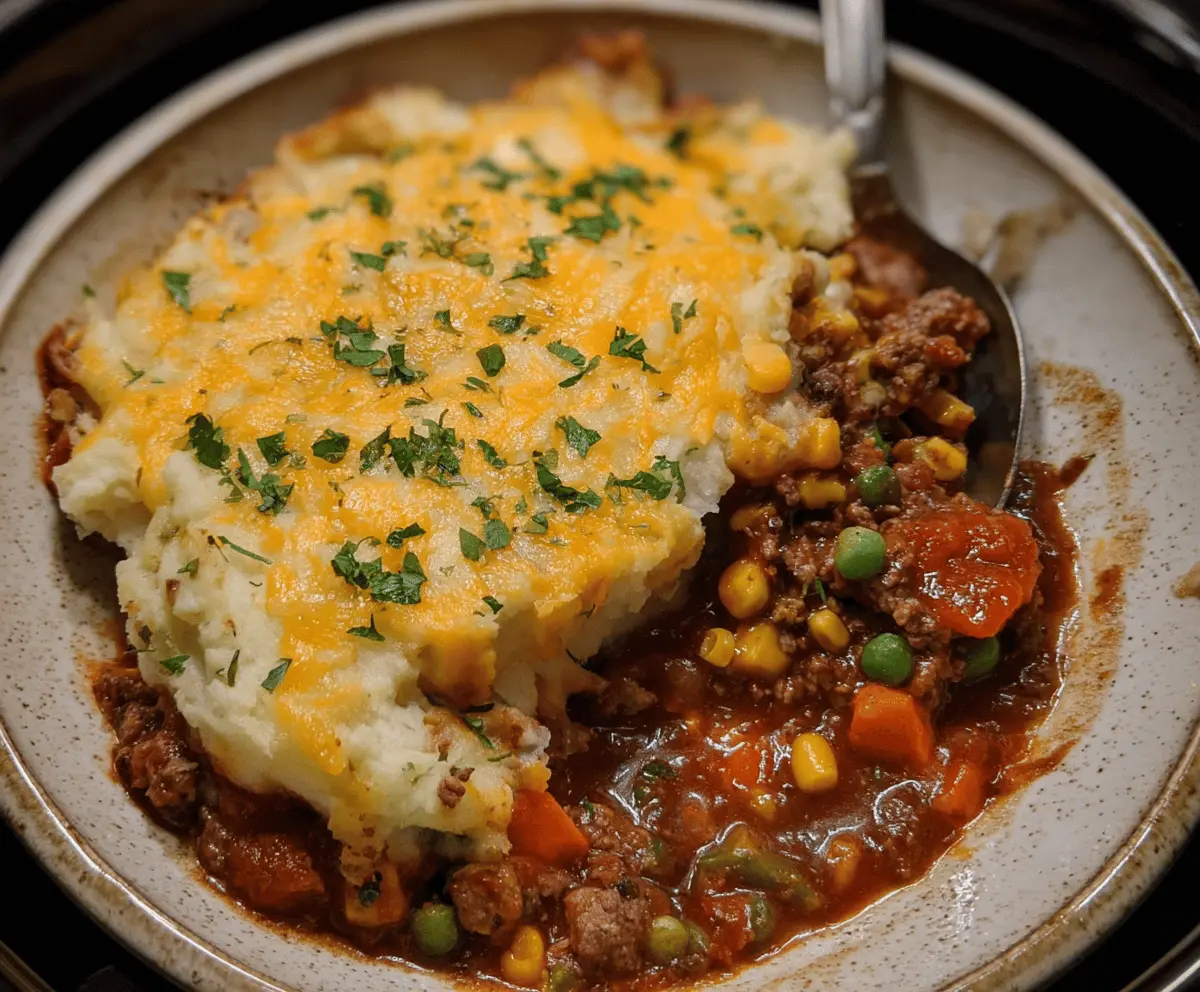 Delicious homemade Crockpot Shepherd’s Pie with mashed potatoes, seasoned ground beef, and vegetables in a slow cooker