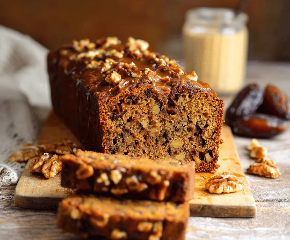 Delicious Date and Walnut Tea Cake with a golden-brown crust, topped with chopped walnuts and fresh dates, perfect for tea-time indulgence