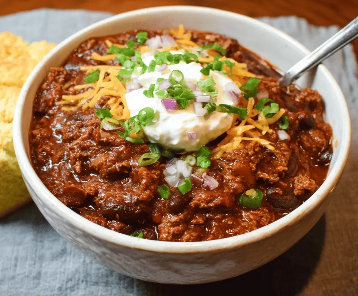 Heaping bowl of spicy Texas Roadhouse Chili topped with shredded cheese, fresh herbs, and diced onions, served with cornbread on the side.