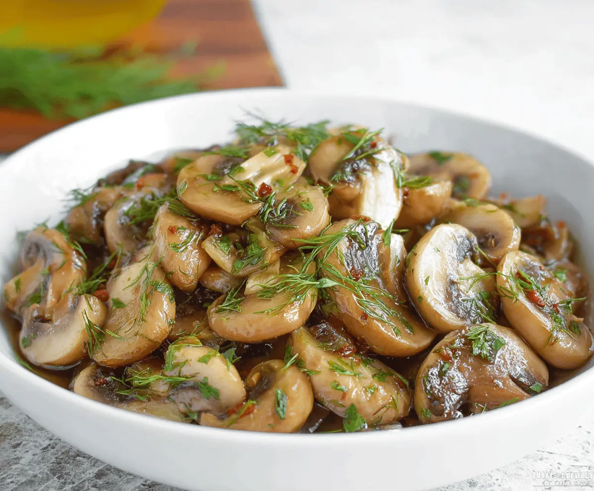 Delicious easy marinated mushrooms garnished with fresh herbs on a rustic wooden table, perfect for salads and appetizers