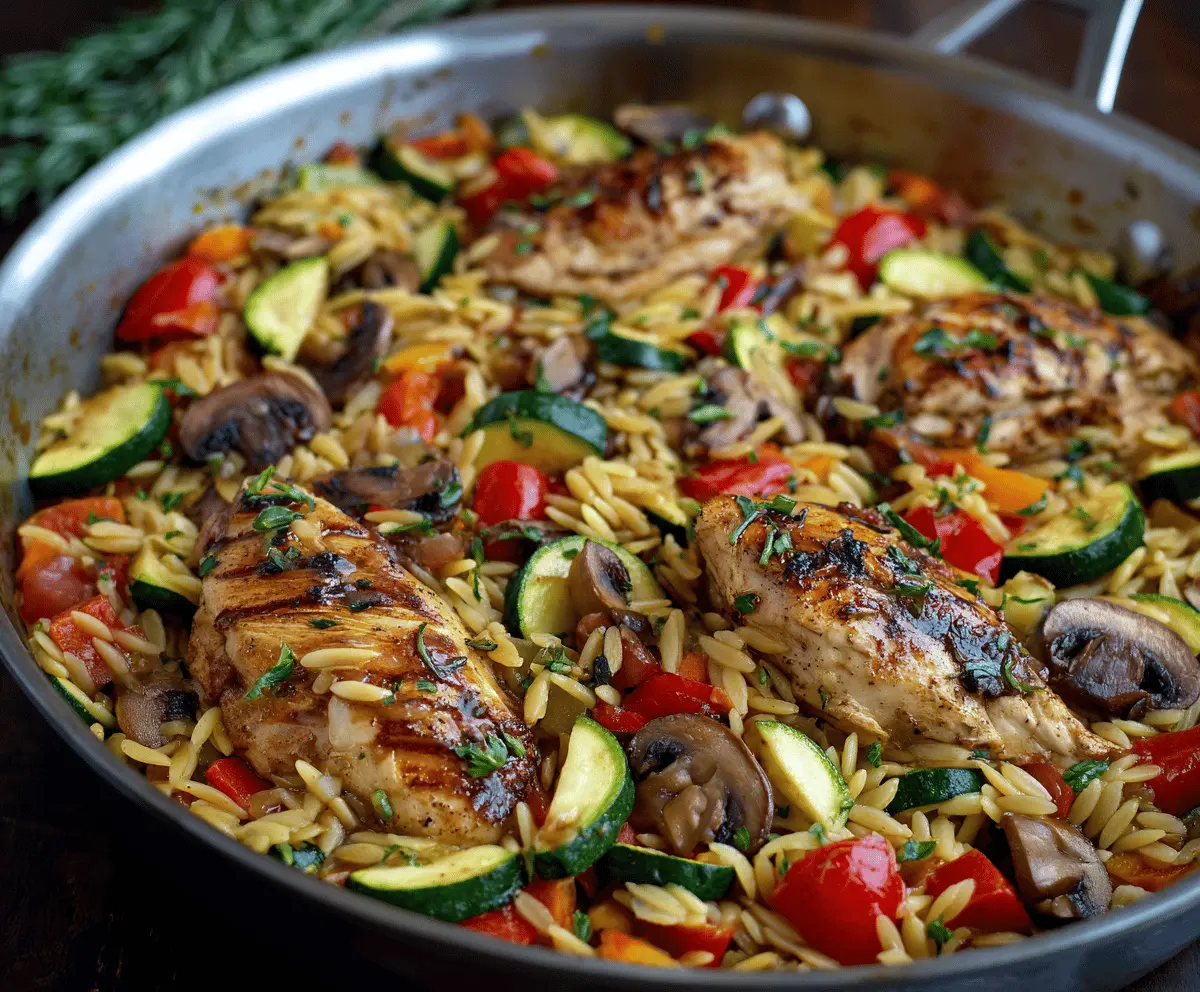 Delicious easy one-pan balsamic chicken orzo with colorful vegetables served on a plate