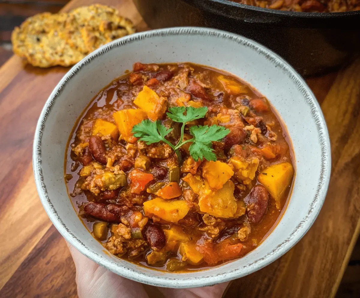 A steaming bowl of fall spiced chili topped with shredded cheese, fresh cilantro, and diced jalapenos, served with a side of crusty bread on a rustic wooden table.