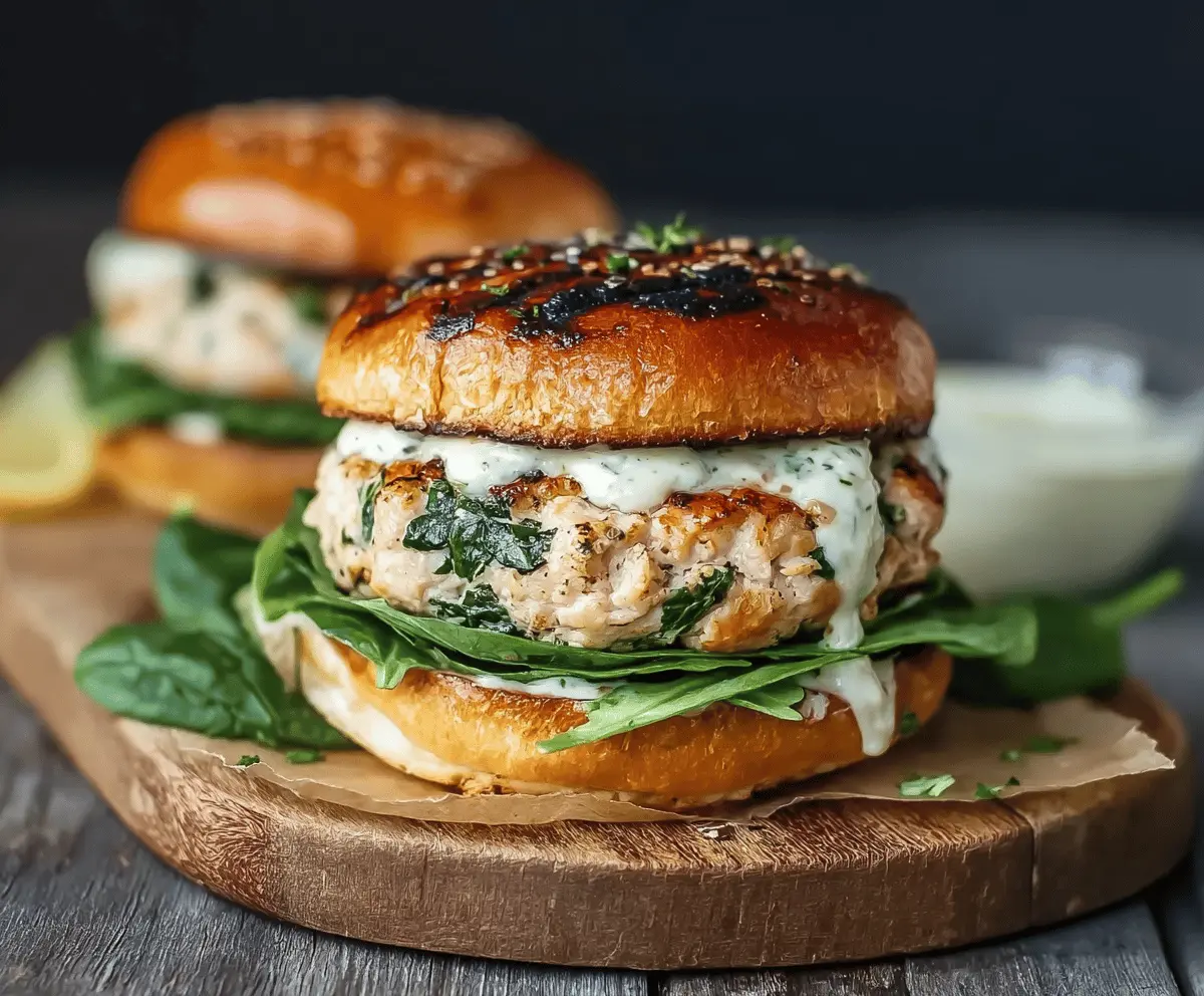 Delicious healthy white cheddar spinach chicken burgers topped with fresh greens on a bun, perfect for a nutritious meal.