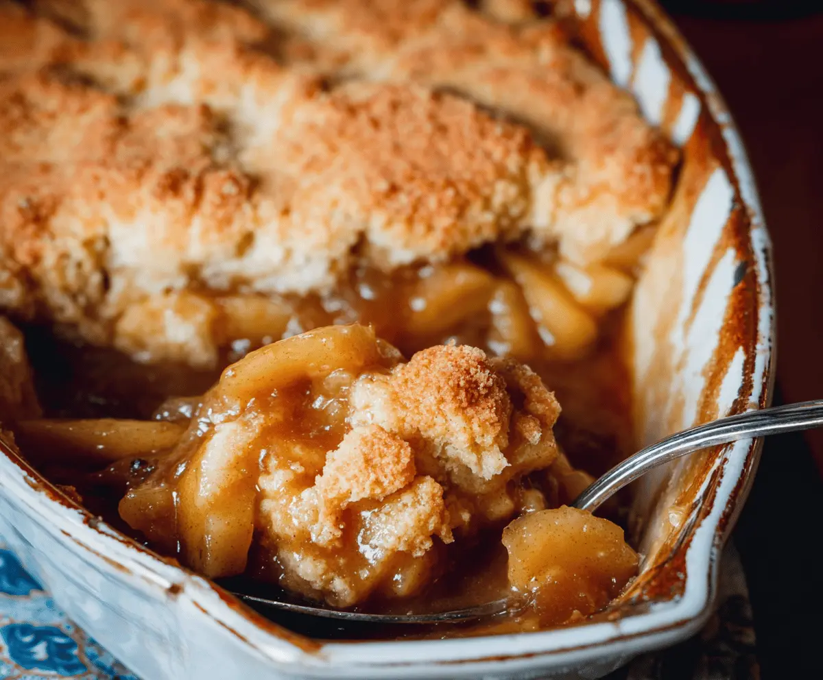 Delicious homemade apple cobbler topped with golden, flaky crust and warm caramelized apple filling served in a rustic dish