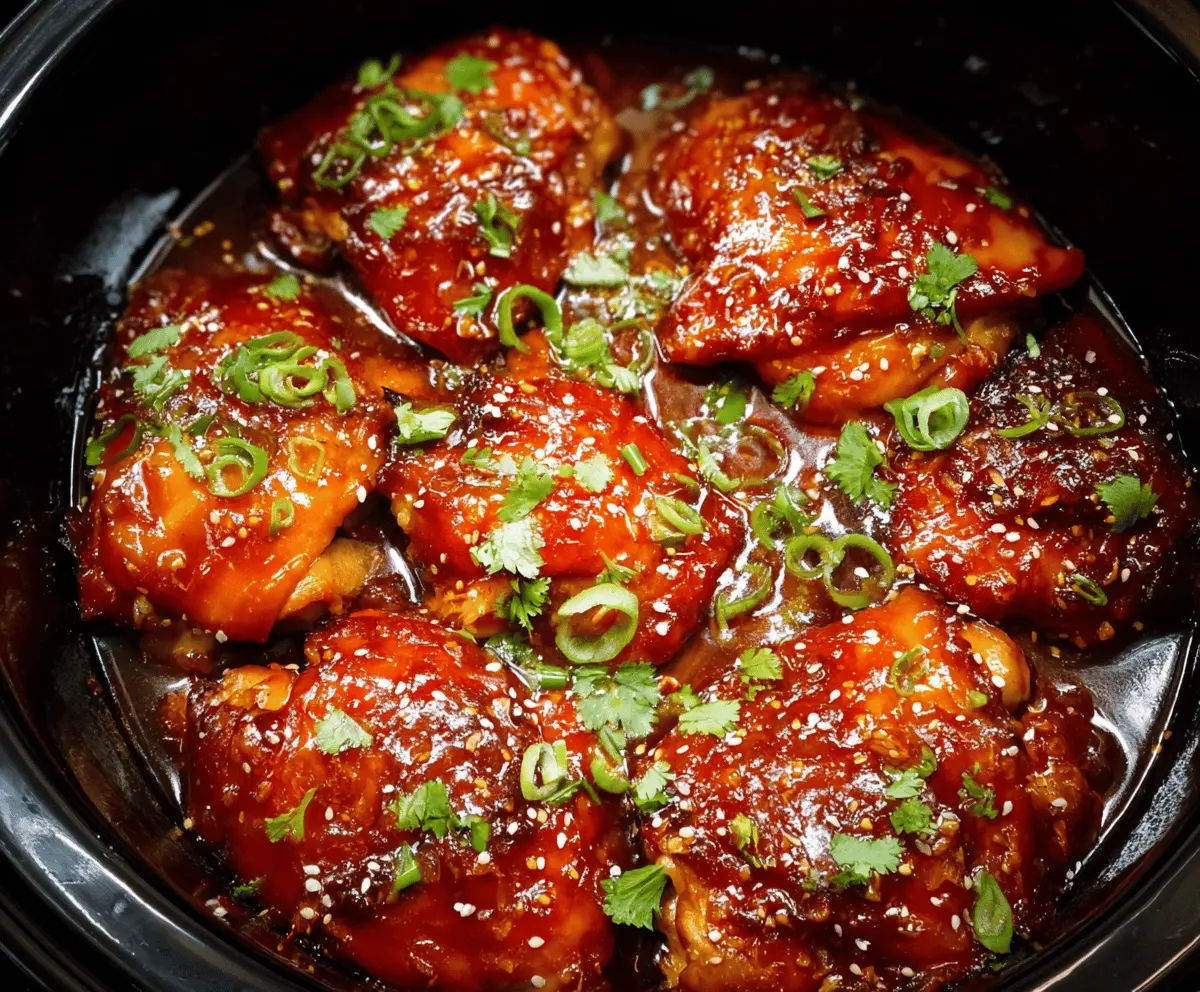 Juicy honey garlic chicken cooking in a crockpot, topped with fresh herbs and served with vegetables, delicious slow cooker meal