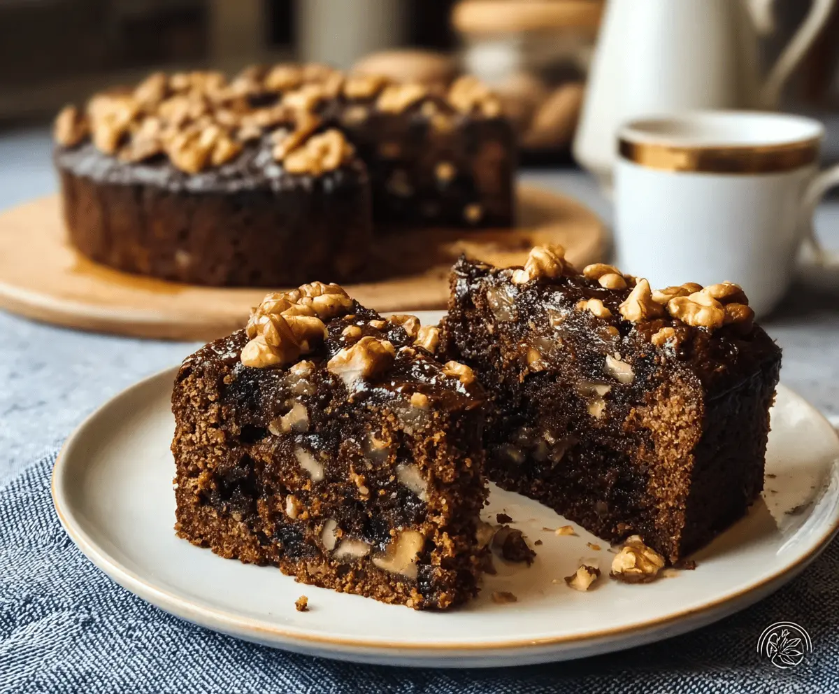 Delicious and moist espresso date cake topped with walnuts, perfect for coffee and dessert lovers