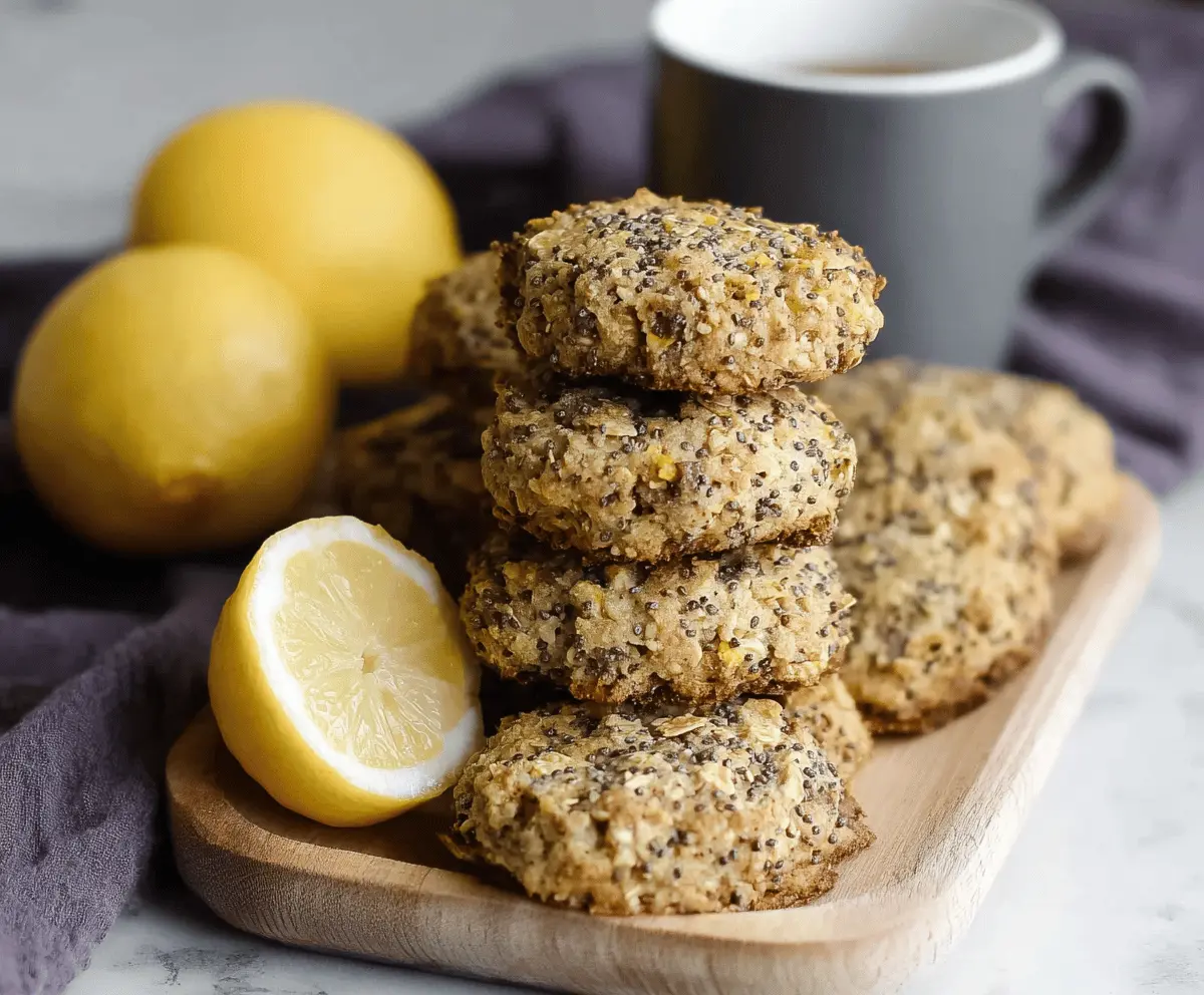 Fresh Lemon Chia Breakfast Cookies on a white plate, featuring a golden-brown crust, chia seeds, and a zesty lemon glaze, perfect for a healthy morning snack.