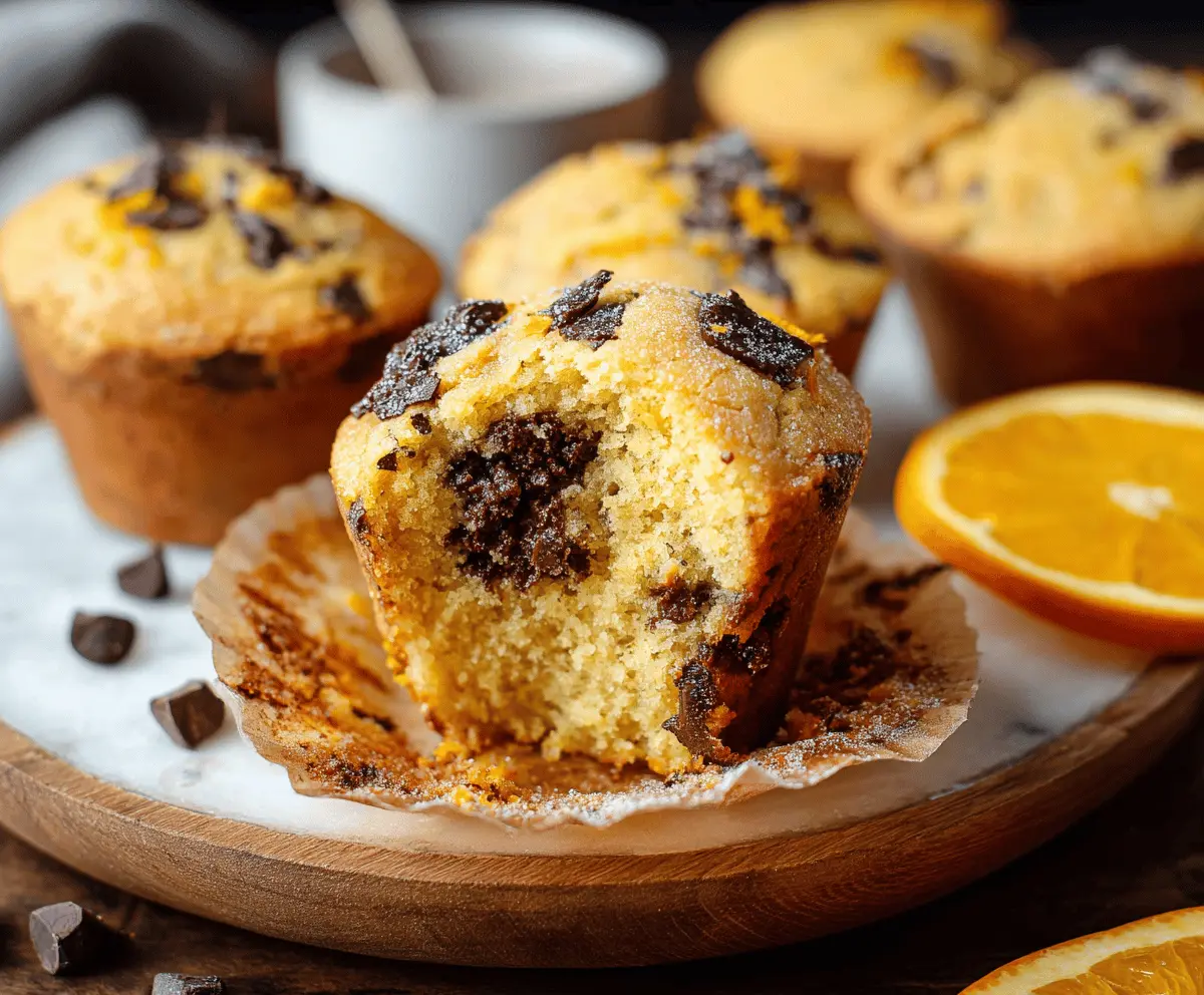Delicious orange chocolate muffins topped with orange zest and chocolate chips, perfect for a sweet breakfast or snack.