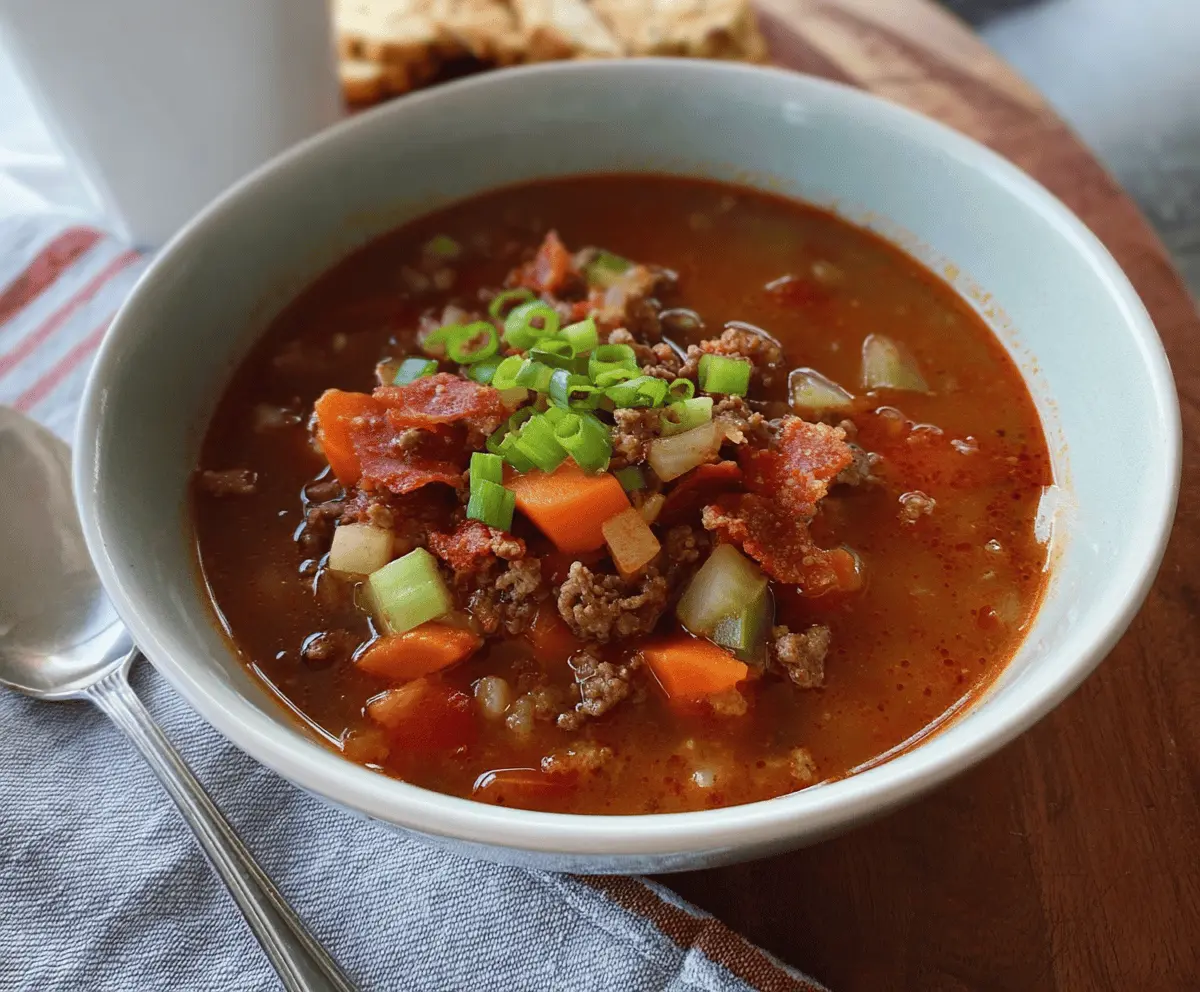 Delicious Paleo Hamburger Soup in a bowl with ground beef, vegetables, and herbs, perfect for a healthy, grain-free meal.