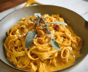 Creamy pumpkin Alfredo sauce served over pasta with fresh herbs and grated cheese in a rustic bowl.