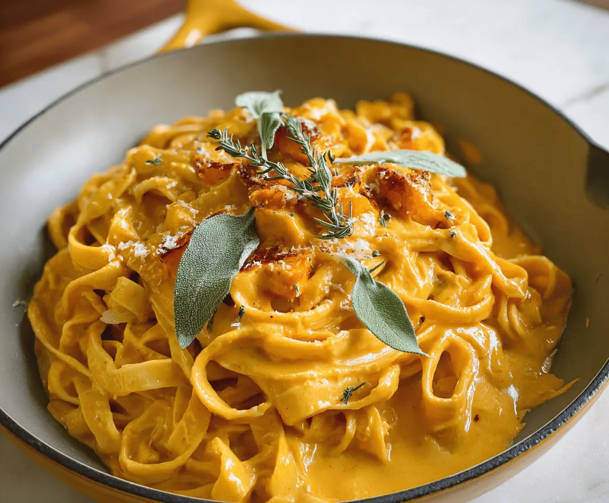 Creamy pumpkin Alfredo sauce served over pasta with fresh herbs and grated cheese in a rustic bowl.