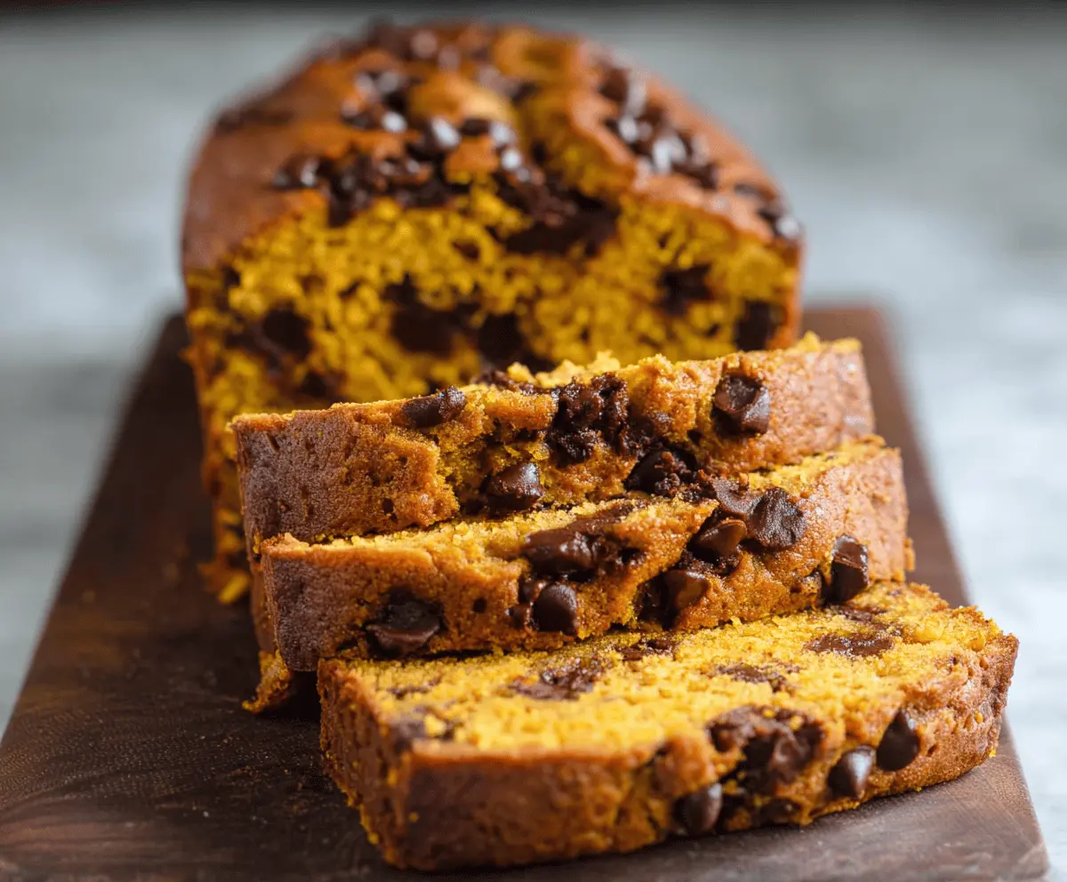 Delicious homemade pumpkin chocolate chip bread topped with chocolate chips and a slice ready to serve