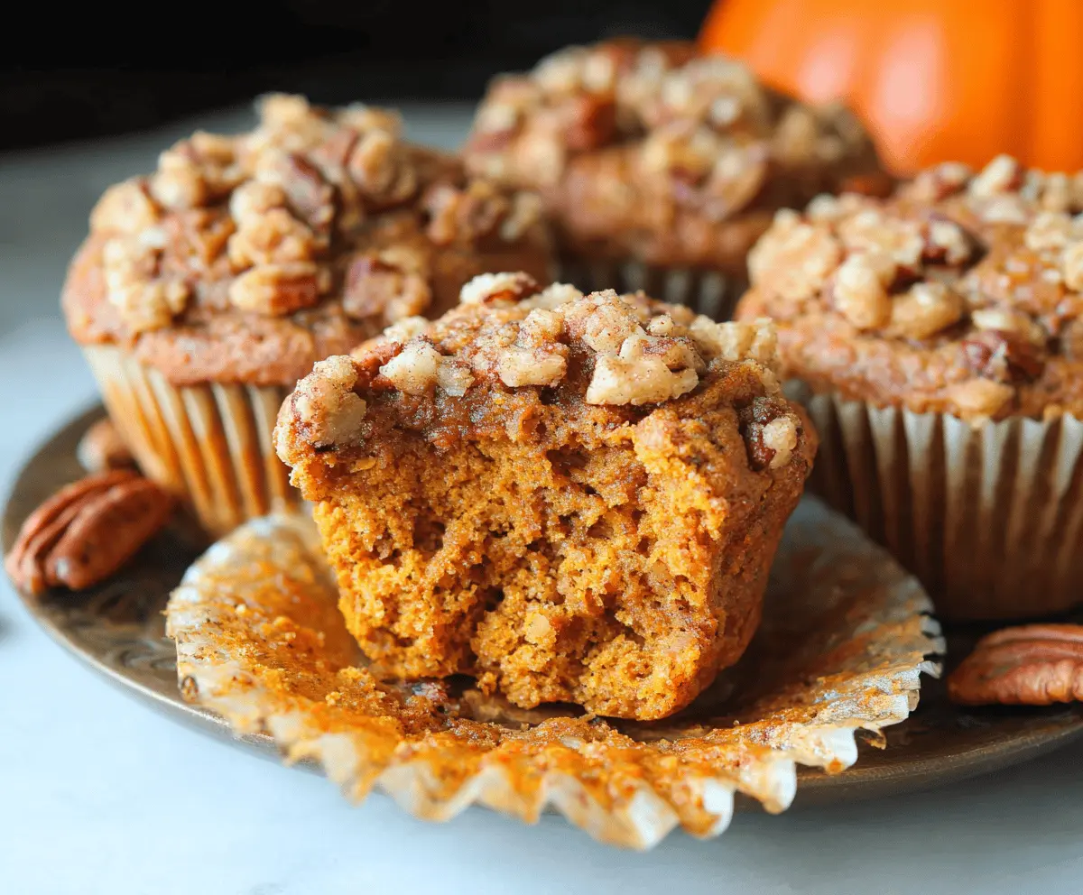 Delicious homemade pumpkin pecan muffins topped with chopped pecans and cinnamon for a perfect fall breakfast or snack