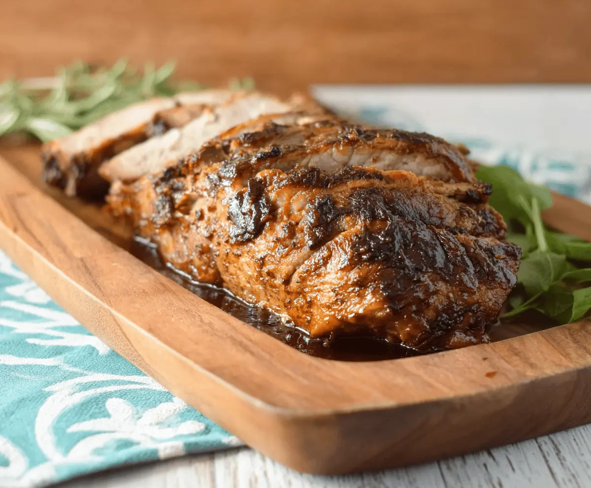 Tender slow cooker balsamic brown sugar pork roast served with roasted vegetables on a plate, perfect for a flavorful dinner