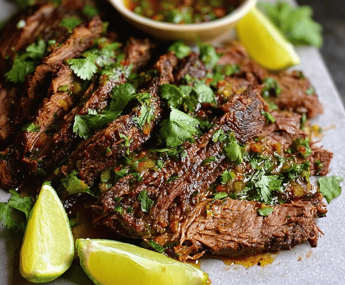Delicious tender and flavorful crockpot carne asada served with fresh cilantro and lime wedges on a rustic plate