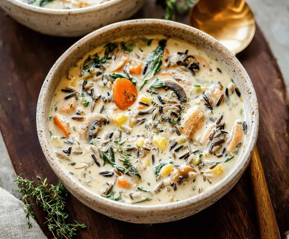 Creamy wild rice soup in a bowl with fresh herbs and vegetables, perfect for a comforting and hearty meal.