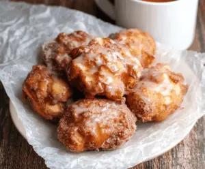 Delicious warm baked apple fritters topped with powdered sugar, served on a plate, perfect for a cozy dessert or breakfast