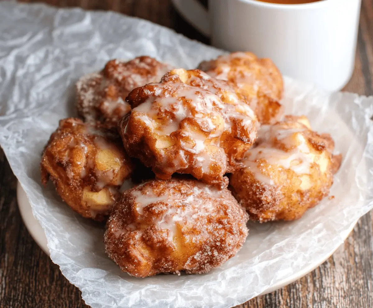 Delicious warm baked apple fritters topped with powdered sugar, served on a plate, perfect for a cozy dessert or breakfast