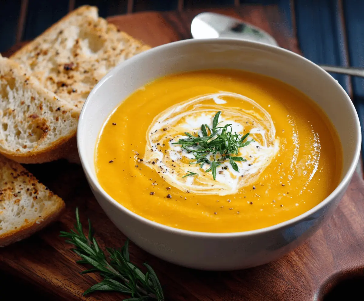 Creamy homemade Gordon Ramsay butternut squash soup in a bowl, garnished with herbs and served with bread, perfect for a comforting autumn meal.