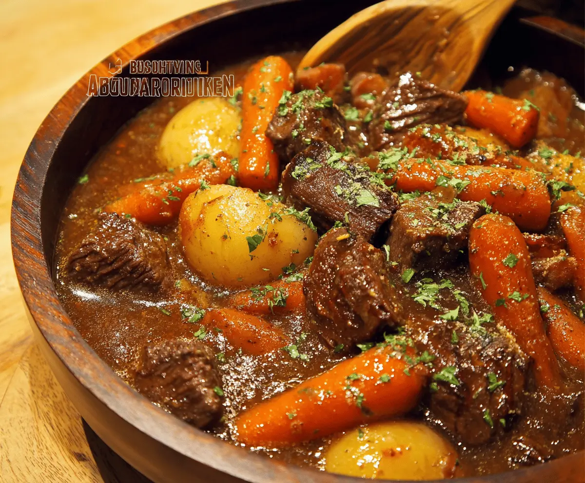 A hearty bowl of Anthony Bourdain's Beef Stew featuring tender beef chunks, carrots, potatoes, and aromatic herbs served in a rustic bowl.