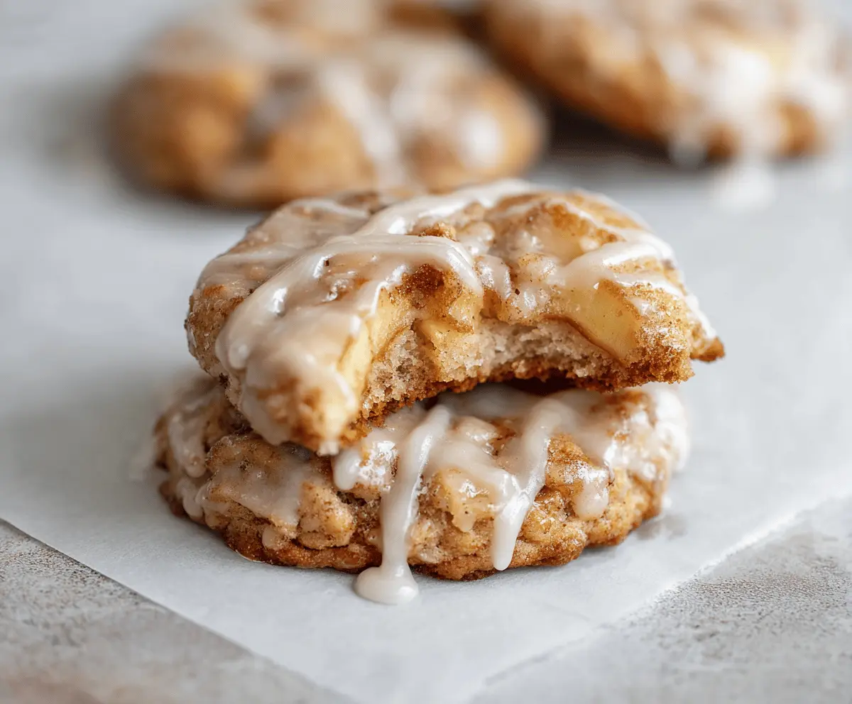 Delicious homemade apple fritter cookies with crispy edges, topped with cinnamon sugar and apple chunks, ready to enjoy as a sweet treat