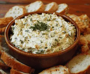 Creamy artichoke and jalapeno dip served in a bowl with fresh herbs, perfect for appetizer or snack.