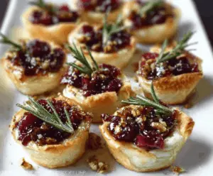 Delicious baked cranberry brie bites served on a decorative platter, perfect for holiday parties.
